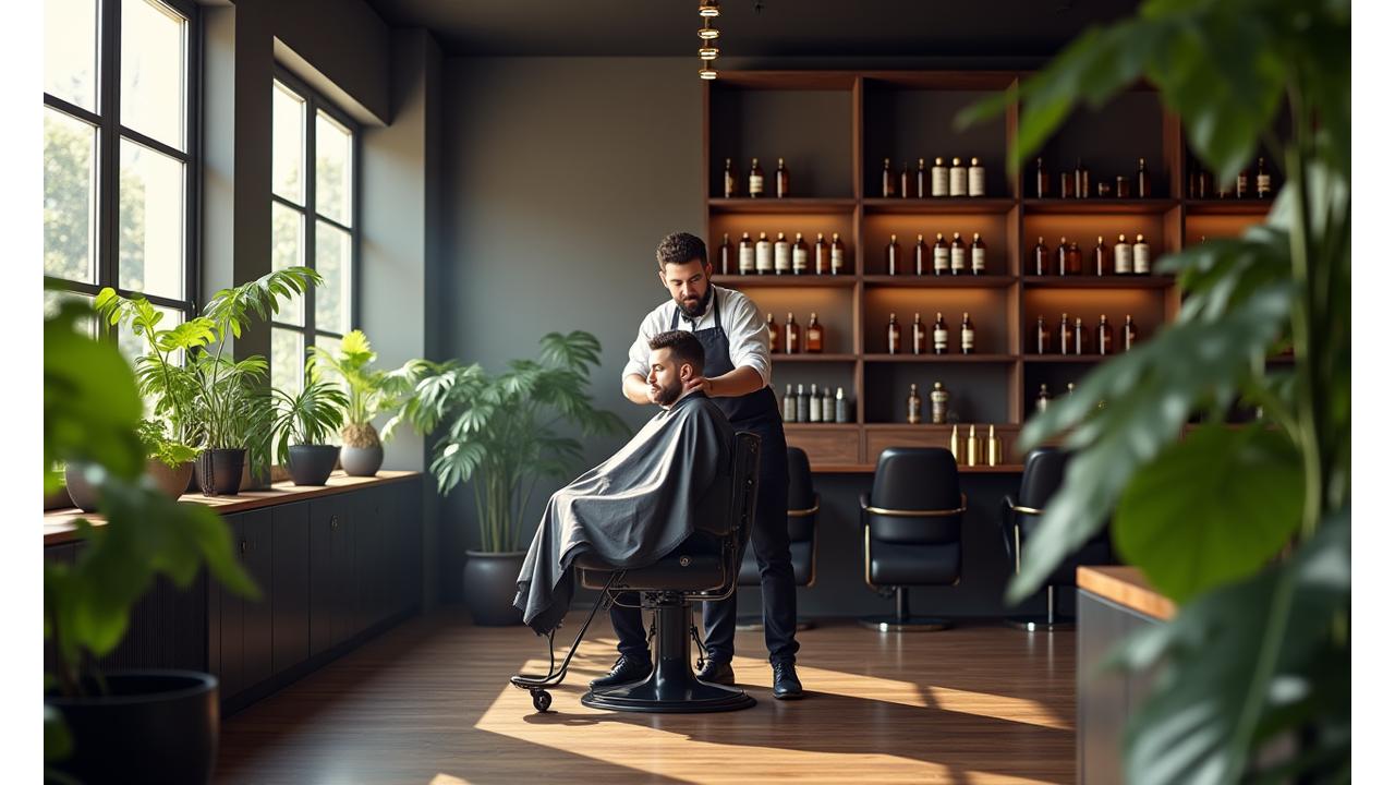 BarberCraft eco-friendly barbershop hero image: barber working on a client with natural light, surrounded by green lush plants, emphasizing sustainability and quality grooming products.