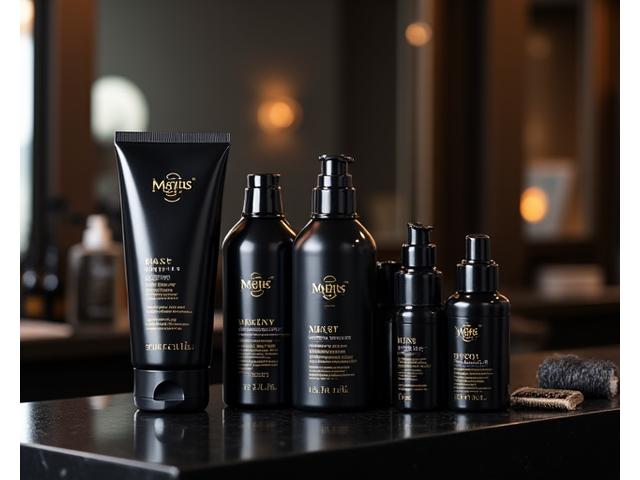 A collection of sleek, minimalist men's hair color and care products on a dark, textured surface, emphasizing quality