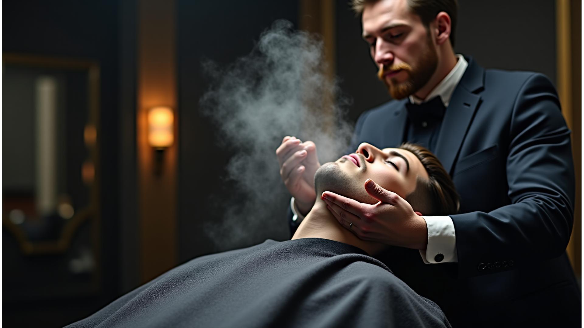 Barber meticulously applying hot towel to client's face